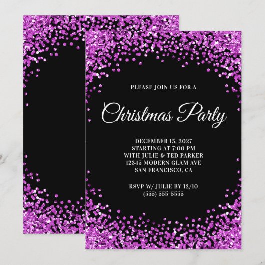 Purple Glitter Border Black Christmas Party Kaart (Voorkant / Achterkant)