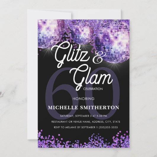 Purple Glitter Disco Glitz Glam 60th Birthday Invi Kaart (Voorkant)