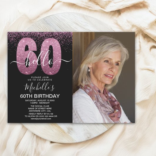 Purple Glitter "Hello 60" Photo Birthday  Kaart