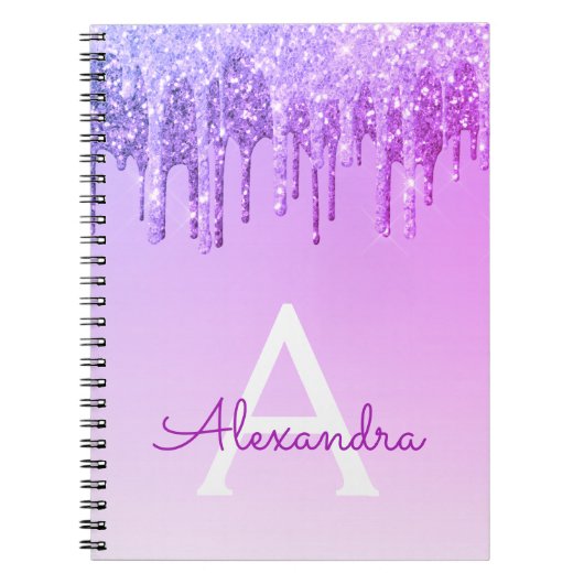 Purple Glitter Sparkle Monogram Notebook Notitieboek (Voorkant)