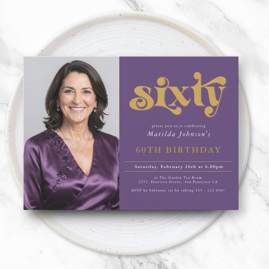 Purple Gold 60th Birthday Invitation Kaart