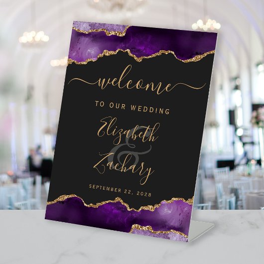 Purple Gold Agate Dark Wedding Welcome Reclamebord Met Voetstuk