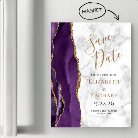 Purple Gold Agate Marble Magnetic Save the Date