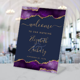 Purple Gold Agate Navy Blue Wedding Welcome Reclamebord Met Voetstuk