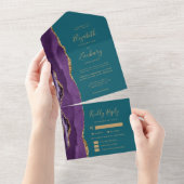 Purple Gold Agate Teal Blue Meal Options Wedding All In One Uitnodiging (Afscheurbaar)