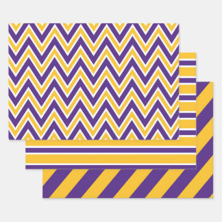 Purple, Gold, and White Chevron & Stripe Pattern Inpakpapier Vel