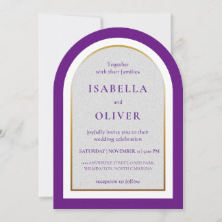 Purple gold and white simplistic wedding kaart