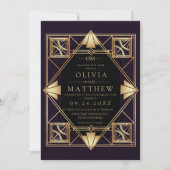 Purple & Gold Art Deco Wedding Invitation  Kaart (Voorkant)
