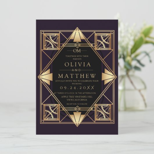 Purple & Gold Art Deco Wedding Invitation  Kaart (Staand voorkant)