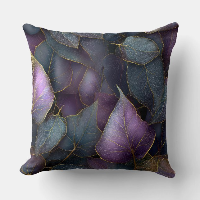 Purple Gold Botanical Leaves Throw Pillow Kussen (Voorkant)