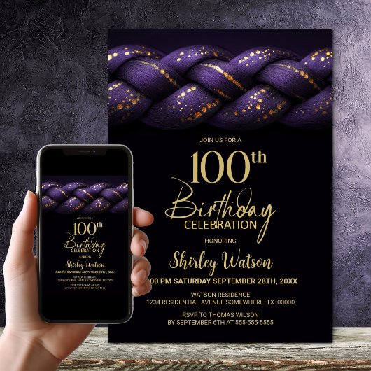 Purple Gold Braid 100th Birthday Party Kaart