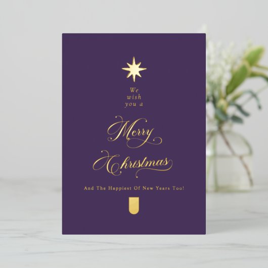 Purple Gold Calligraphy Christmas Card Folie Feestdagenkaart (Staand Voorkant)