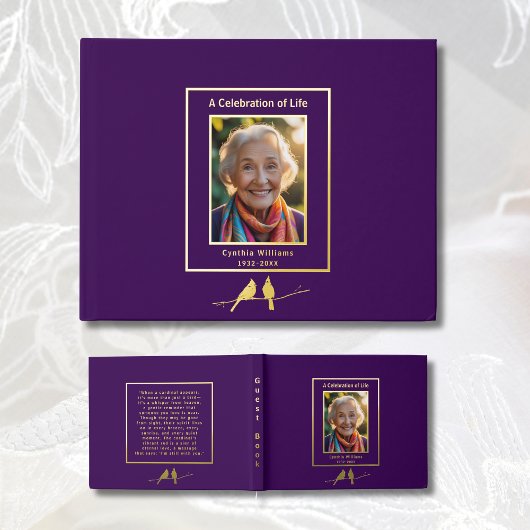 Purple Gold Cardinals Real Foil Funeral GuestBook  Gastenboek