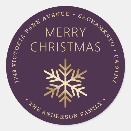 Purple Gold Christmas Snowflake Return Address Ronde Sticker (Voorkant)
