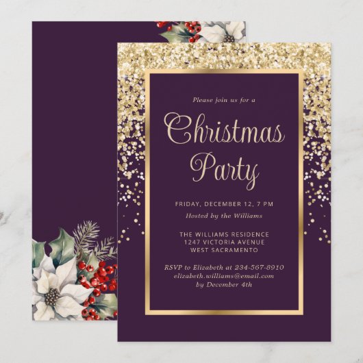 Purple Gold Confetti Botanical Christmas Party Kaart (Voorkant / Achterkant)
