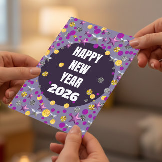 Purple Gold Confetti Stars New Years Card Feestdagenkaart