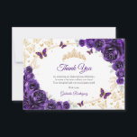 Purple Gold Floral Quinceanera Bedankkaart<br><div class="desc">Purple gold Quinceanera celebration thank you card. Features,  script font,  butterflies,  watercolor roses and tiara. Perfect for an elegant princess style glam celebration. Personalize with your own details.</div>
