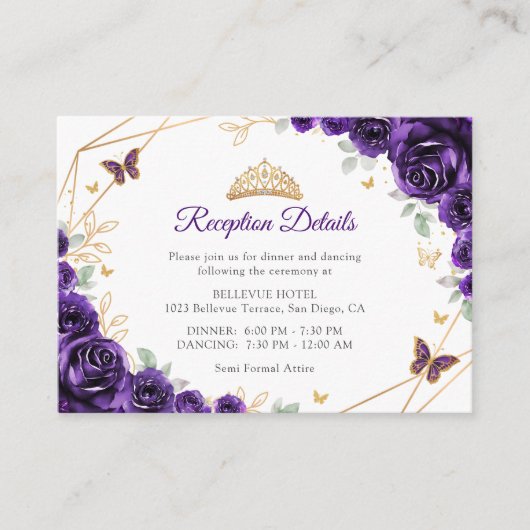 Purple Gold Floral Quinceanera Reception Details Informatiekaartje (Voorkant)