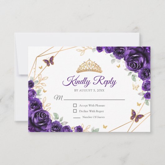 Purple Gold Floral Quinceanera Reply RSVP Kaartje (Voorkant)