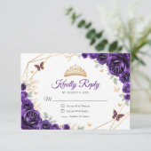 Purple Gold Floral Quinceanera Reply RSVP Kaartje (Staand voorkant)