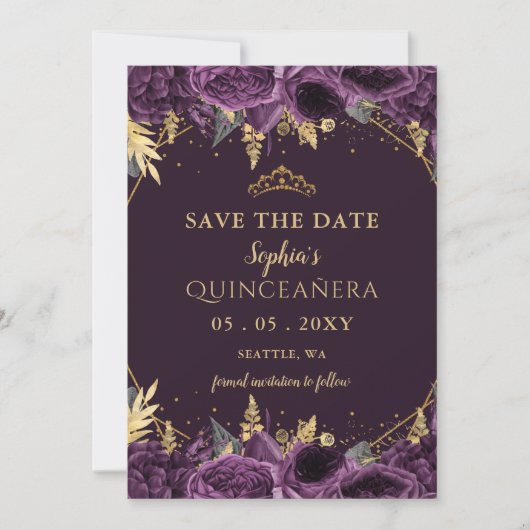 Purple Gold Floral Quinceañera Save the Date Aankondiging (Voorkant)