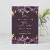 Purple Gold Floral Quinceañera  Save the Date Aankondiging (Staand voorkant)