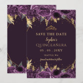 Purple Gold Floral Quinceañera  Save the Date Aankondiging (Voorkant / Achterkant)