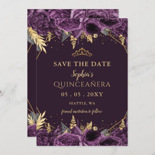 Purple Gold Floral Quinceañera  Save the Date Aankondiging (Voorkant / Achterkant)