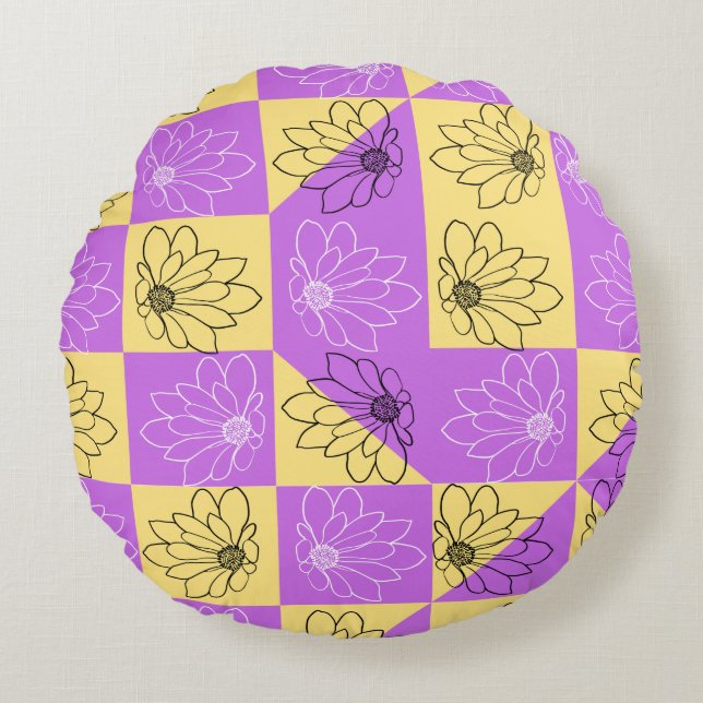 Purple gold Flower seamless Checkerboard pattern Rond Kussen (Voorkant)