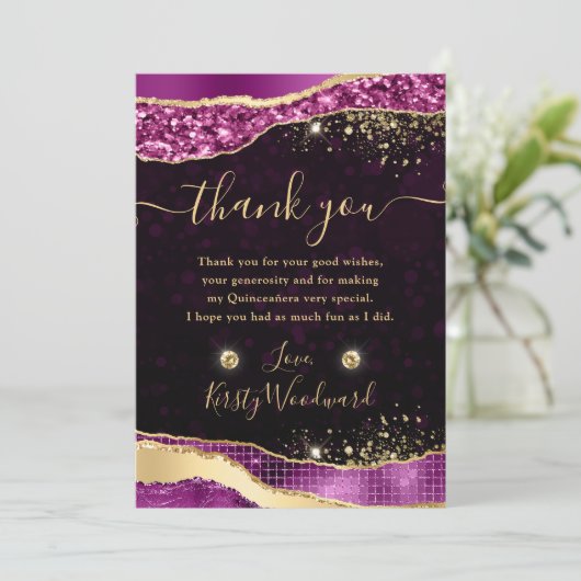 Purple & Gold Glitter Glam Tears Quinceanera Bedankkaart (Staand voorkant)