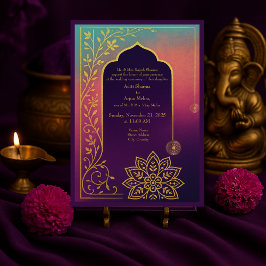 Purple & gold mandala hindu Oriental Frame wedding Kaart