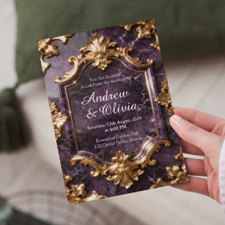 Purple Gold Marble Wedding Invitation Kaart