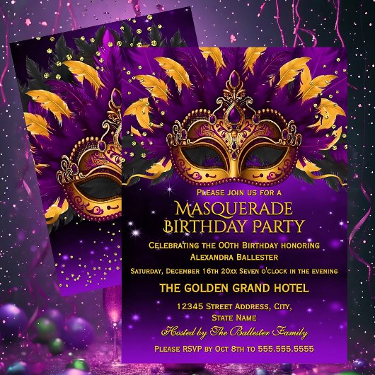 Purple Gold Masks Masquerade Birthday Party Kaart