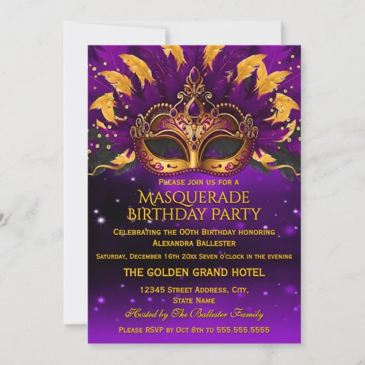 Purple Gold Masks Masquerade Birthday Party Kaart (Voorkant)