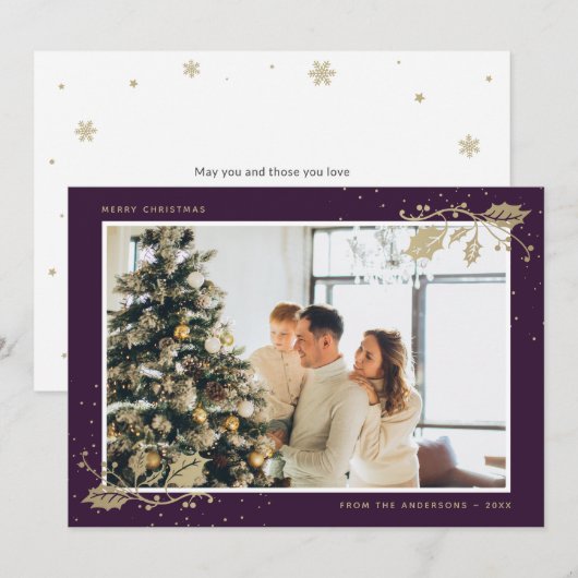 Purple Gold Photo Christmas Card Feestdagenkaart (Voorkant / Achterkant)