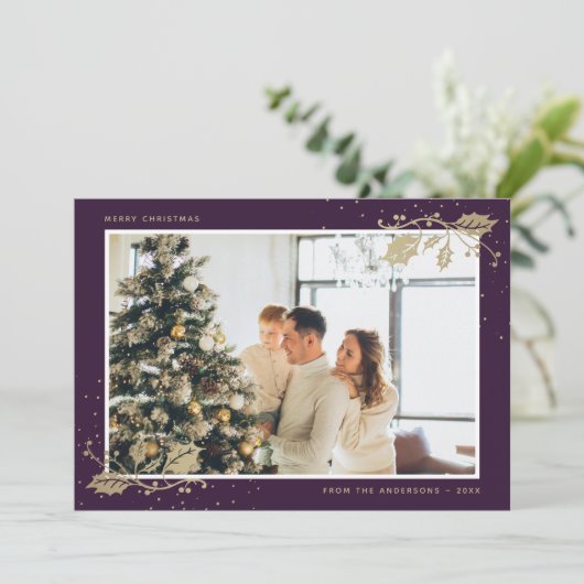 Purple Gold Photo Christmas Card Feestdagenkaart (Staand voorkant)