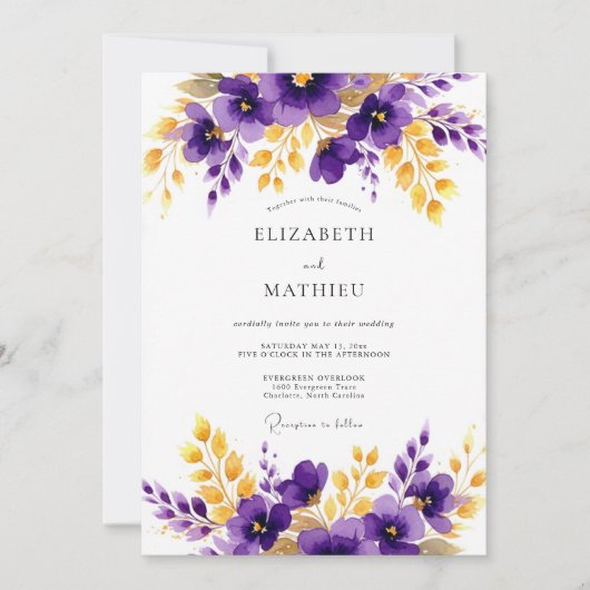 Purple Gold Polished Floral Wedding Kaart (Voorkant)