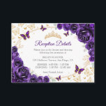 Purple Gold Quinceanera Reception Details Informatiekaartje<br><div class="desc">Purple gold Quinceanera reception details enclosure cards. Features,  script font,  gold butterflies,  watercolor roses and tiara. Perfect for an elegant princess style glam celebration. Personalize with your own details.</div>