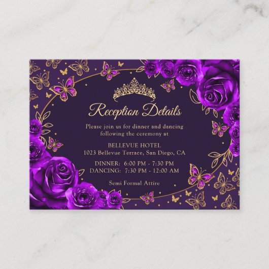 Purple Gold Quinceanera Reception Details Informatiekaartje (Voorkant)