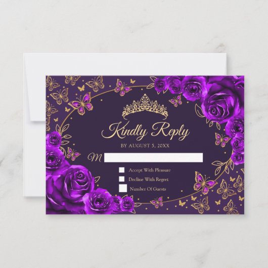 Purple Gold Quinceanera Reply RSVP Kaartje (Voorkant)