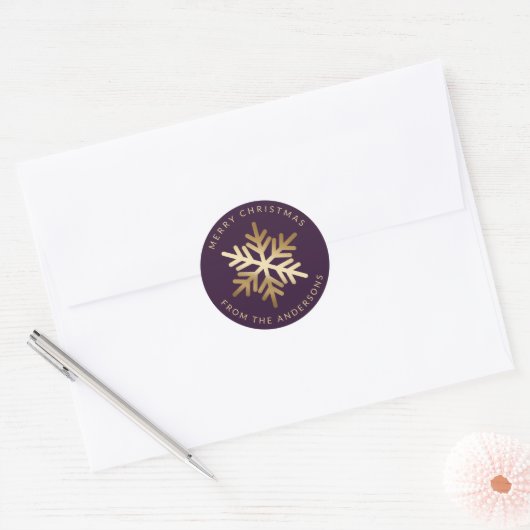 Purple Gold Snowflake Family Merry Christmas Ronde Sticker (Envelop)