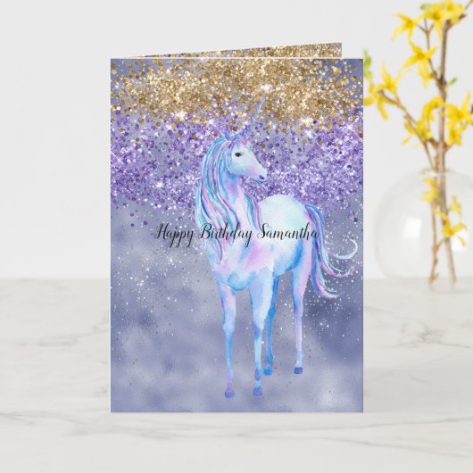 Purple Gold Sparkle Unicorn Kaart (Gele Bloem)