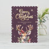 Purple Gold Watercolor Reindeer Christmas Card Feestdagenkaart (Staand voorkant)