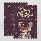 Purple Gold Watercolor Reindeer Christmas Card Feestdagenkaart (Voorkant / Achterkant)