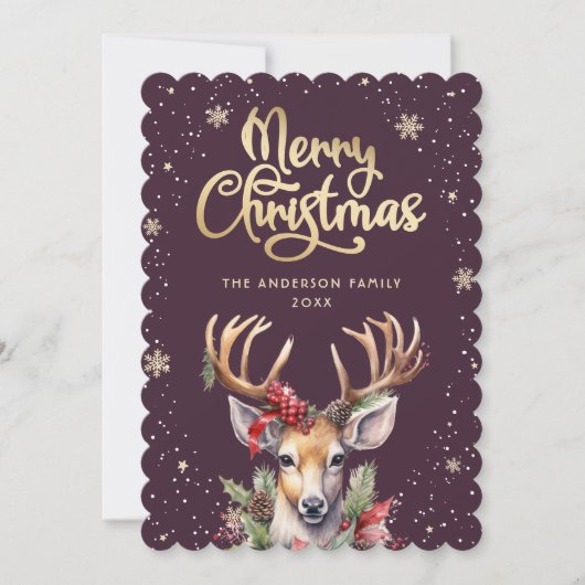 Purple Gold Watercolor Reindeer Christmas Card Feestdagenkaart (Voorkant)