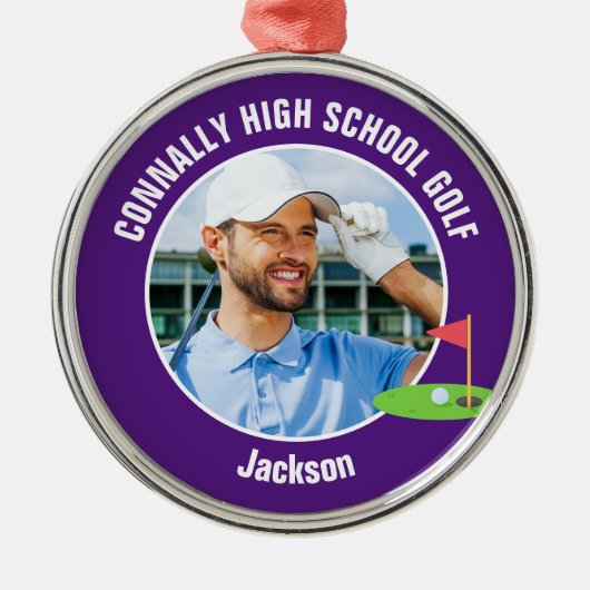 Purple Golfer Photo Custom Golf Team Christmas Metalen Ornament (Voorkant)