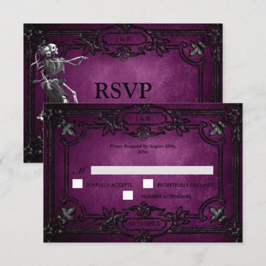 Purple Gothic Halloween Wedding RSVP Card Kaartje (Voorkant / Achterkant)