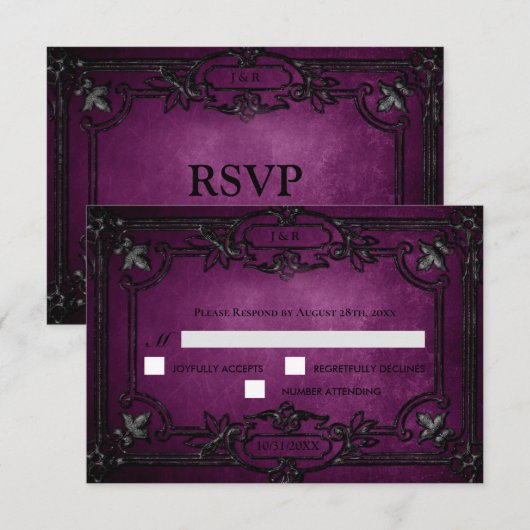 Purple Gothic Halloween Wedding RSVP Card Kaartje (Voorkant / Achterkant)