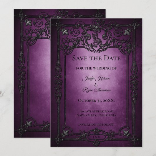 Purple Gothic Halloween wedding save the date Aankondiging (Voorkant / Achterkant)