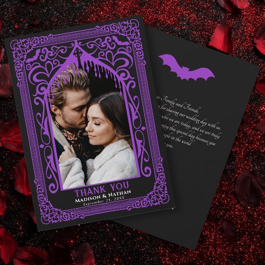 Purple Gothic Vampire Cathedral Photo Wedding Bedankkaart